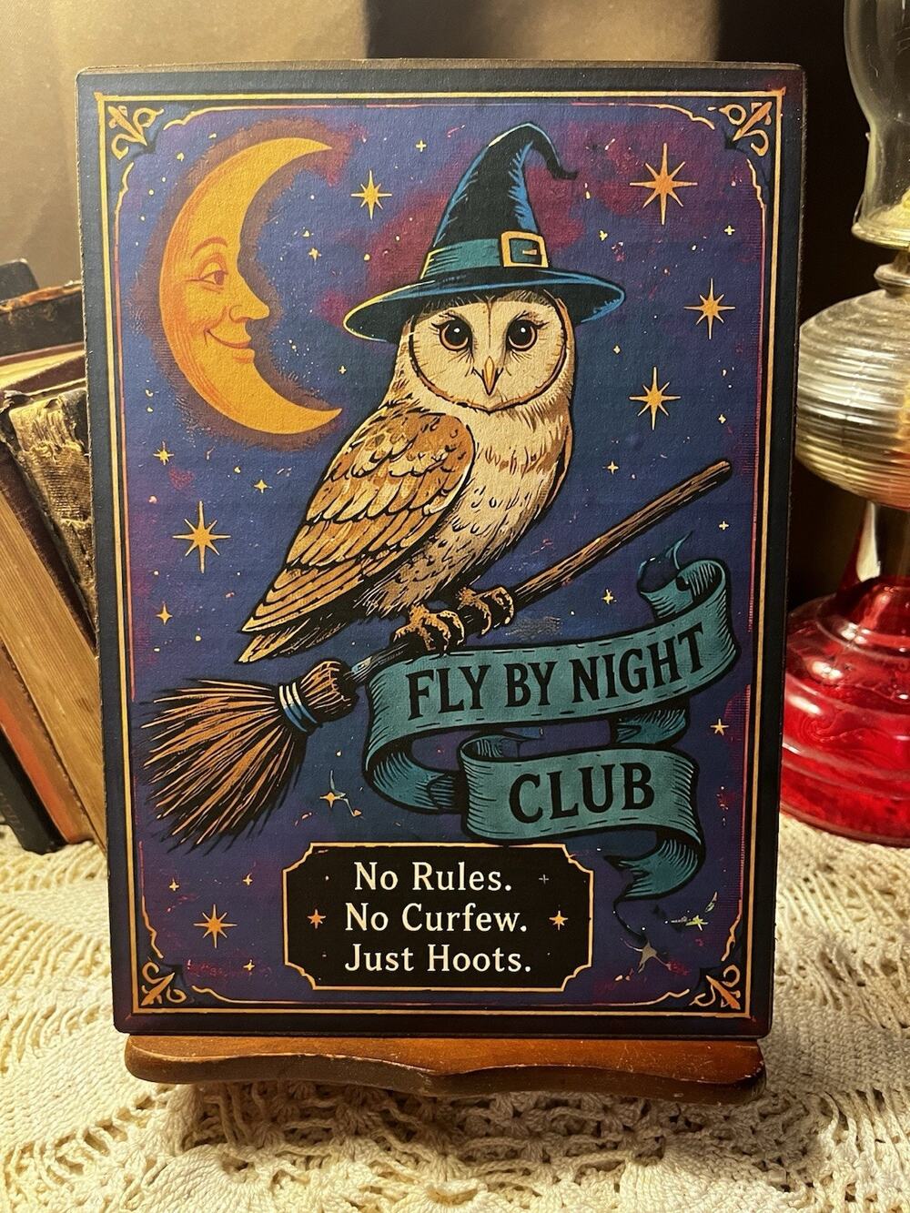 Halloween, Witch Owl, Fly By Night Club, Retro Handcrafted Plaque